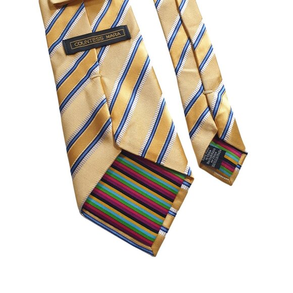 Vintage Countess Mara Designer Necktie Yellow Blue Striped Tie Office Dad Gift - Picture 5 of 5